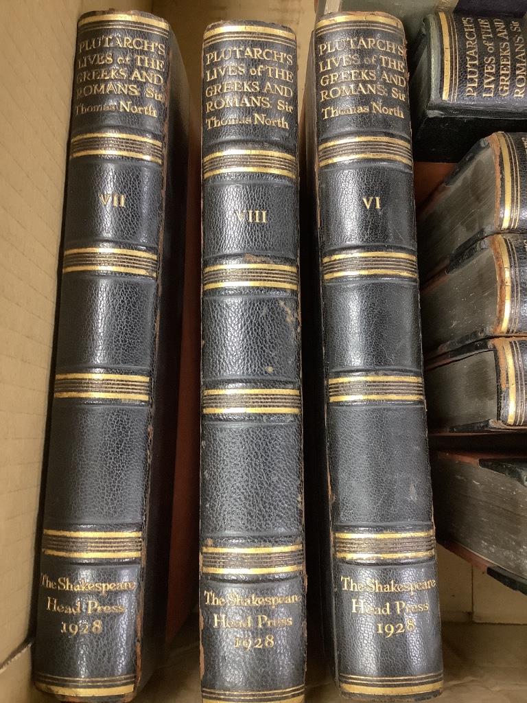 Plutarch, Lives of the Noble Grecians and Romans, translated by Sir Thomas North, half calf covers, printed at the Shakespeare Head Press, Stratford-upon-Avon and published for the press by Basil Blackwell, Oxford, a lim